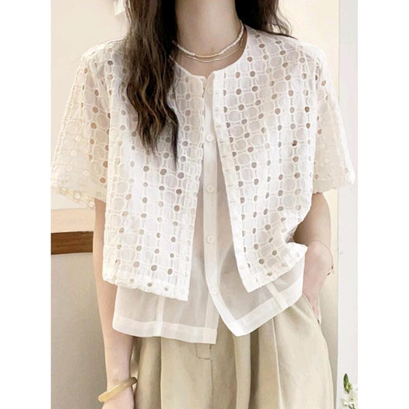 E Series Women's Clothing 2026 Summer New Style Fake Two-Piece Spliced Organza Shirt with Unique and Exquisite Design