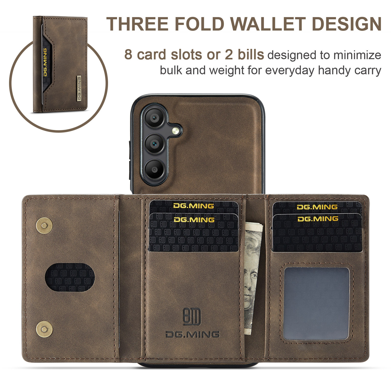 M2 for Samsung A15 Tri-fold Magnetic Card Bag A15 4G Protective Cover A15 5G 2-in -1 Split Phone Case_voghion.com