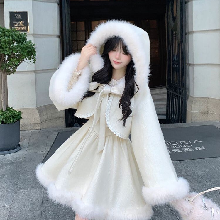 Rila Wonderland Princess-Style Heavy-Duty Hooded Cape + Elegant Suspender Skirt Woolen Suit New Winter Collection