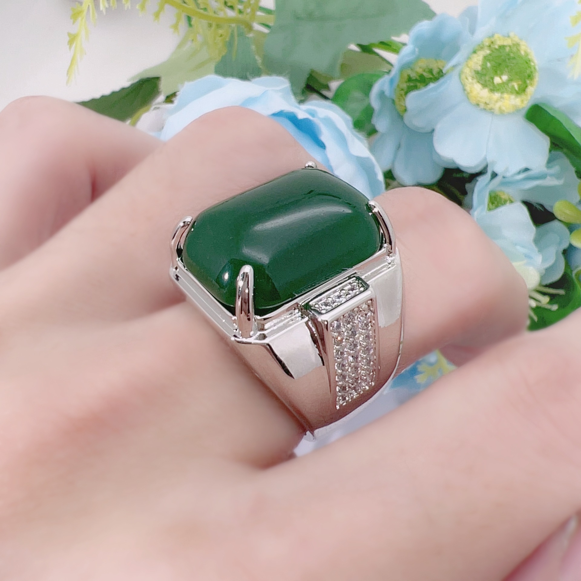 Square agate retro ring jade