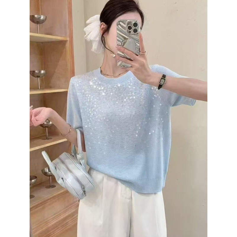 Elegant and Sophisticated French-Style Heavy Sequin Short-Sleeved Knit Sweater for Women, with a High-End, Fashionable and Versatile Chanel-Inspired Style