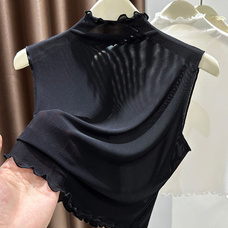 黒いレースのノースリーブのベストの底のシャツの女性の秋冬の半高襟の木の耳元はやせています。|undefined