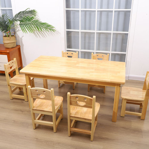 Preschool solid wood tables school classroom rectangular oak dining table and chair set for children learning, wholesale