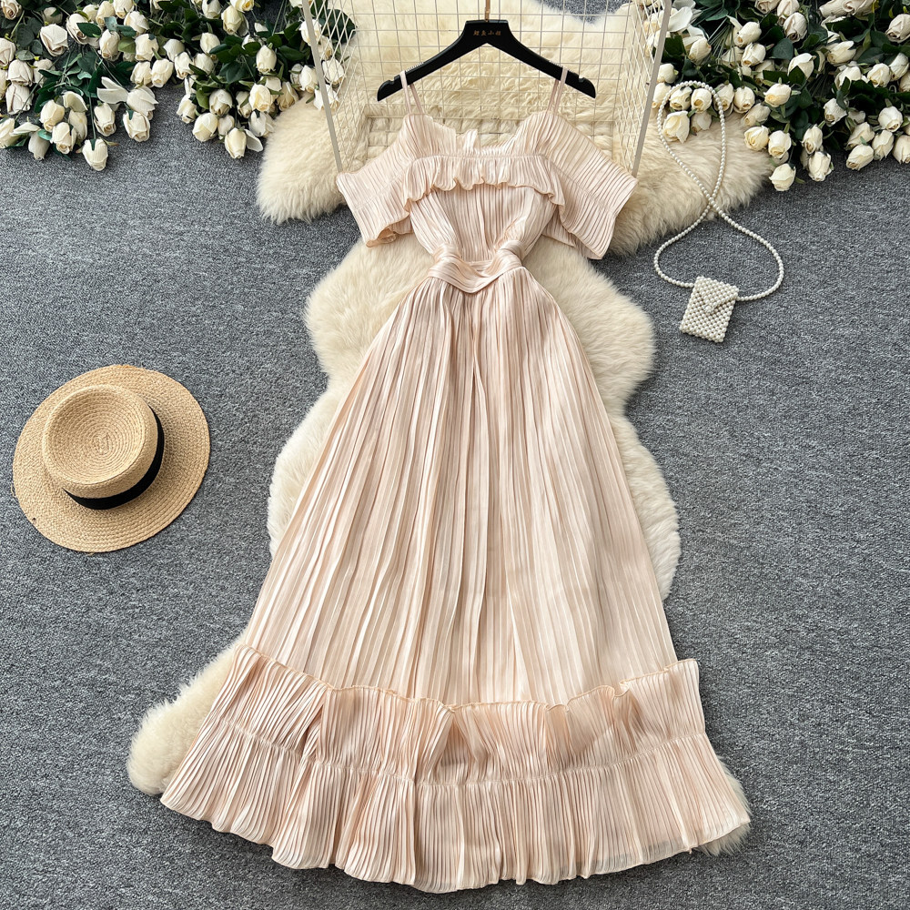 French Style Off-Shoulder Spaghetti Strap Dress Korean Waist Cinching Summer Elegant Long Dress for Vacation_ecoleips.com