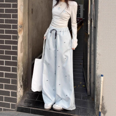 韩系蓝色条纹阔腿裤女夏季新款薄款小个子直筒裤休闲裤设计感裤子