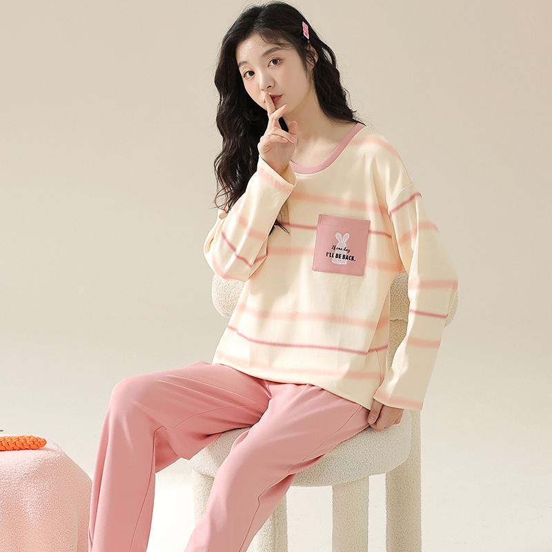 2024 새로운 스타일 잠옷 가슴 패드 여성용 코튼 긴 소매 바지 봄 및 가을 코튼 봄 외부 세트 착용