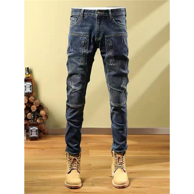 American Retro High-End Patchwork Jeans Men's Trendy Slim Fit Skinny Stretch Pants Men's Biker Casual Trousers