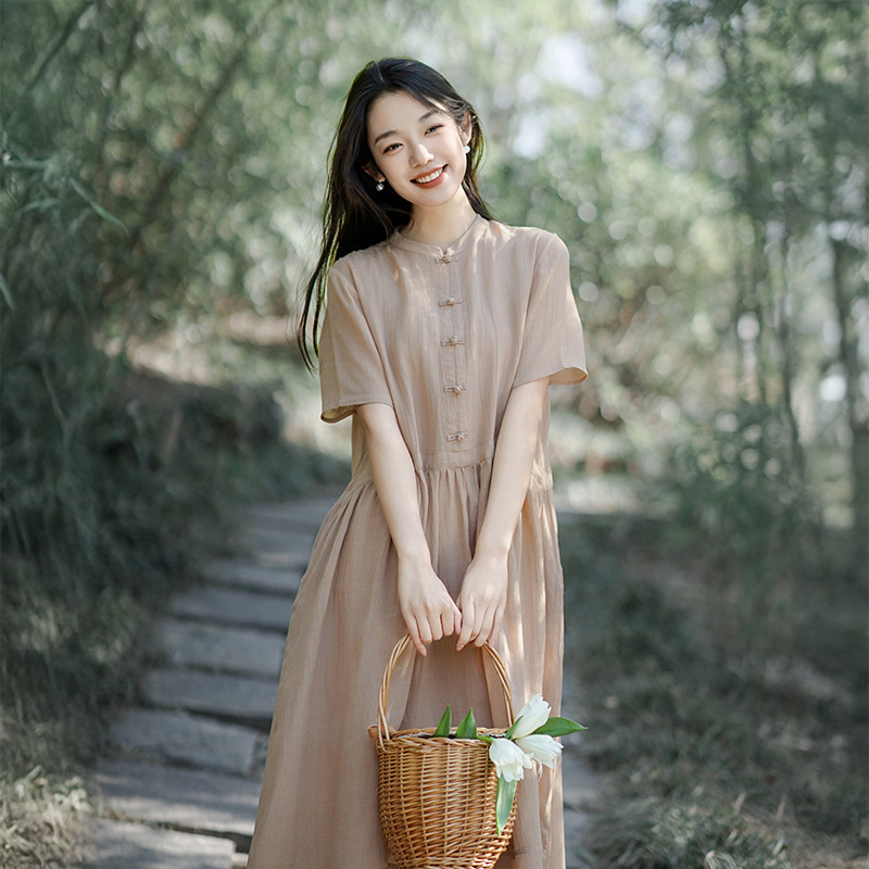 2025 summer new women's Tencel ramie dress new Chinese buckle high waist retro dress a generation of hair