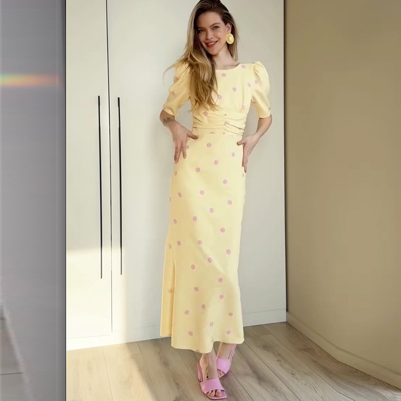 2026 Spring European and American Cross-Border New Retro Style Fitted Polka Dot Puff Sleeve Waist-Cinching Slit Long Dress 2026 Spring European and American Cross-Border New Retro Style Fitted Polka Dot Puff Sleeve Waist-Cinching Slit Long Dress