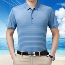 夏季品牌男士桑蚕丝短袖T恤中年爸爸男装加大码高档条纹真丝丅恤