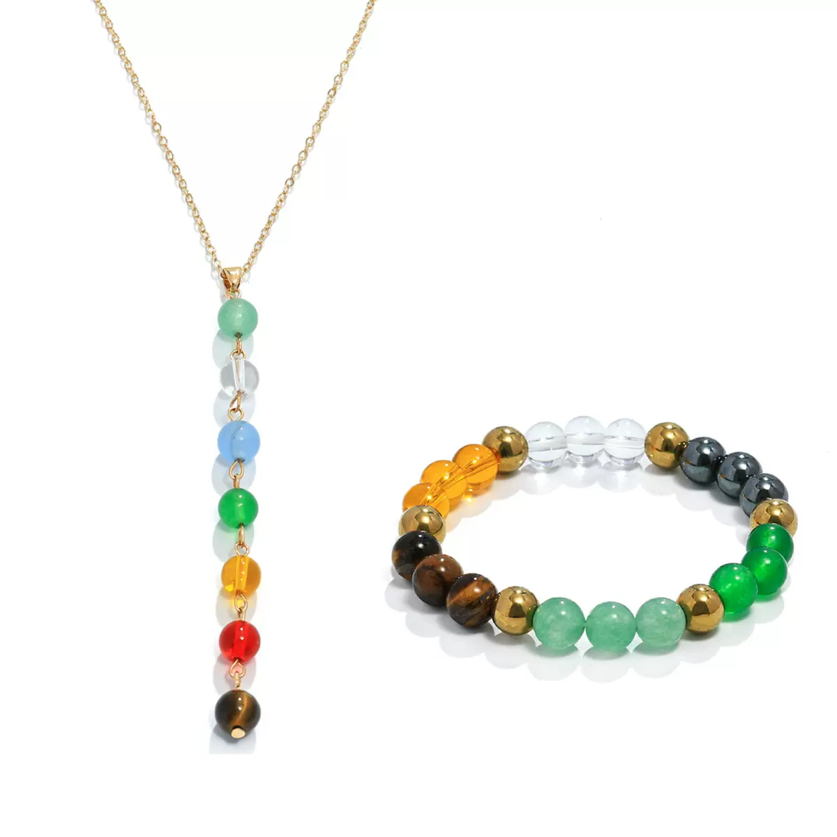 欧美跨境爆款仿天然石高级感孔雀石虎眼石彩色串珠情侣手串项链现