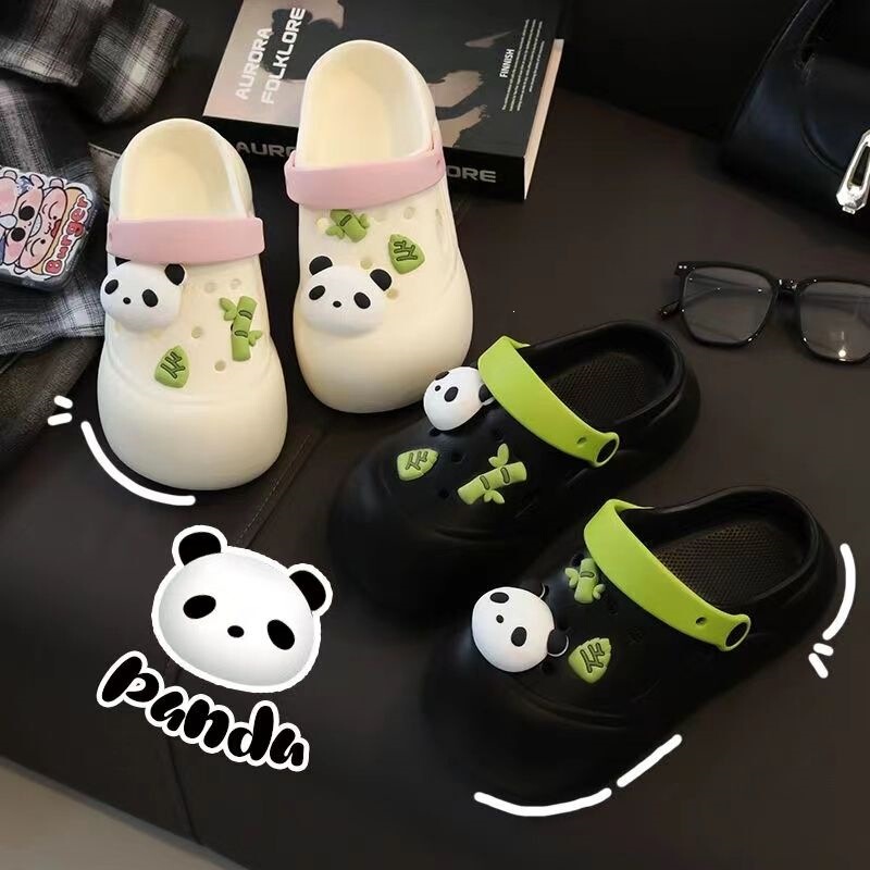 Cute Cartoon Panda Clogs for Women, Summer 2024, New Non-Slip Outdoor Closed-Toe Thick-Soled Height-Increasing Slippers, Ins Style