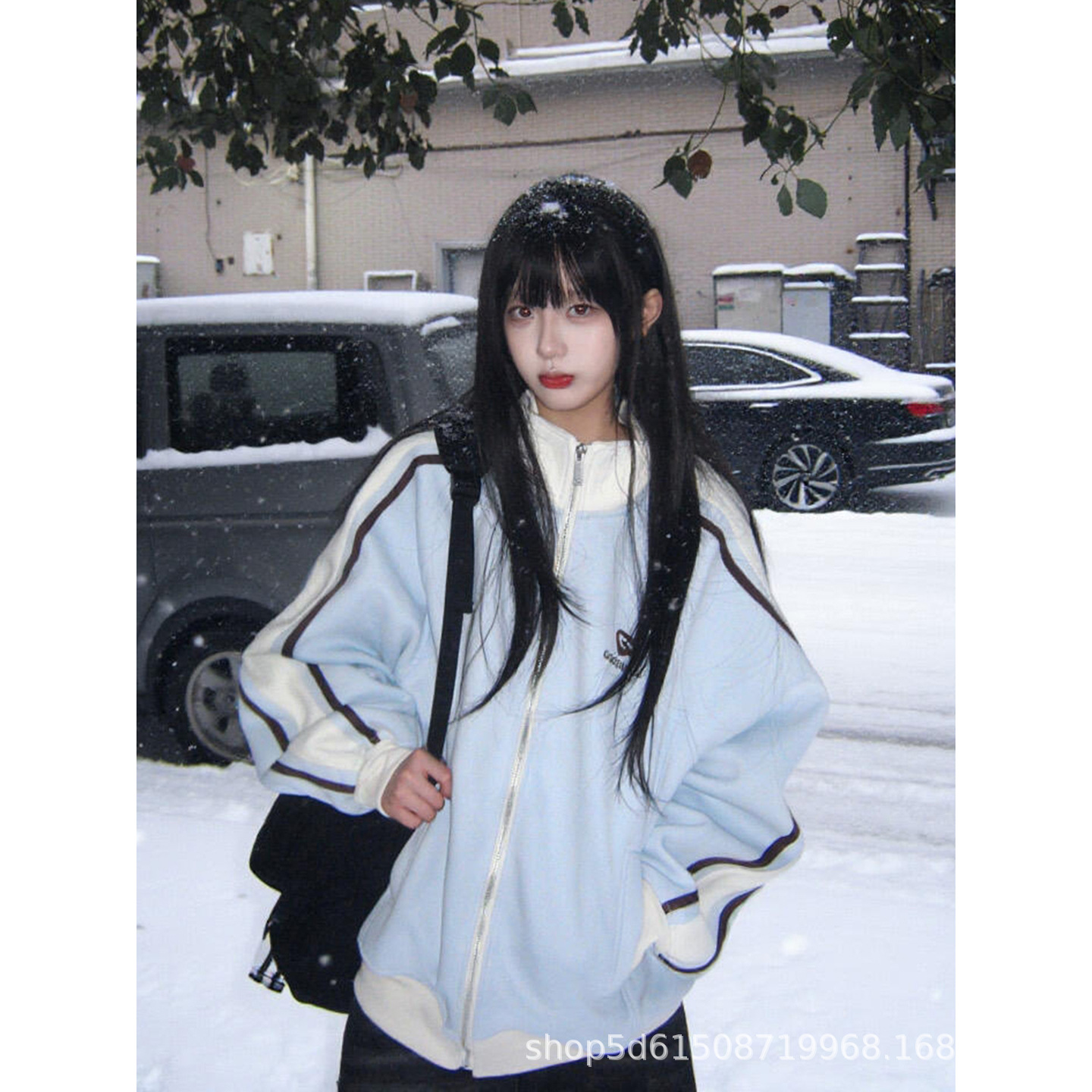 American Stripesd Contrasting Korean Style Stand-Up Collar Sweatshirt for Women Autumn and Winter 2025 New Velvet Loose Cardigan Zipper Jacket