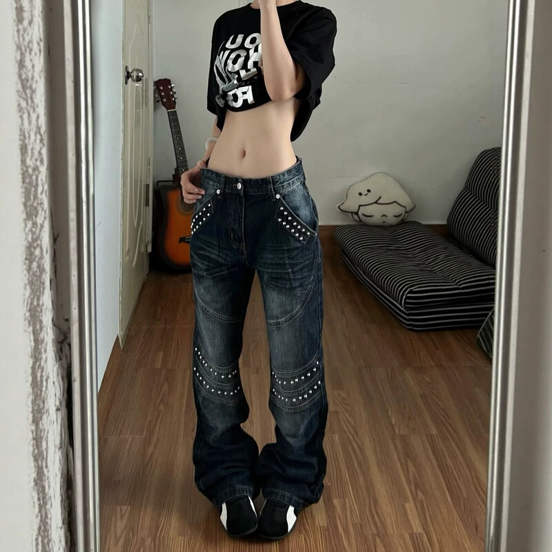 American-style spicy girl light Asian style Y2K jeans for women, autumn export cross-border rivet-studded 3D trendy stacked pants