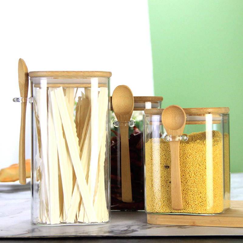 Botella de condimento de estilo japonés cocina frasco de almacenamiento de alimentos frasco cuadrado de vidrio sellado frasco de almacenamiento de granos de café doméstico con cuchara de madera