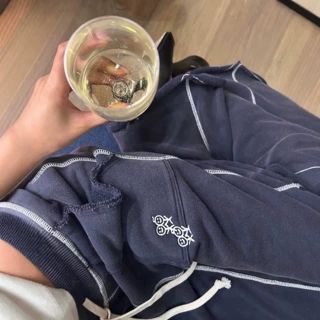 高品质美式复古卫裤女小众个性刺绣撞色明线高腰抽绳微喇休闲长裤