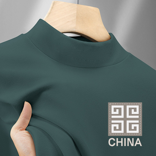 Men's Semi-High Collar Base Shirt with Fleece and Thick Warm Innerwear, Mid Collar Long-Sleeve T-Shirt for Autumn and Winter