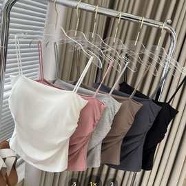 韩式辣妹褶皱细吊带美背背心带胸垫裹胸内搭打底显瘦无袖短款上衣