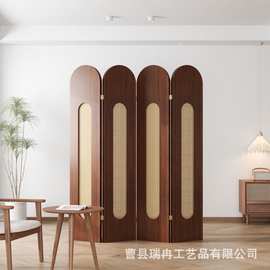 新中式藤编屏风实木可移动装饰隔断沙发背景墙拱形装饰隔断折屏
