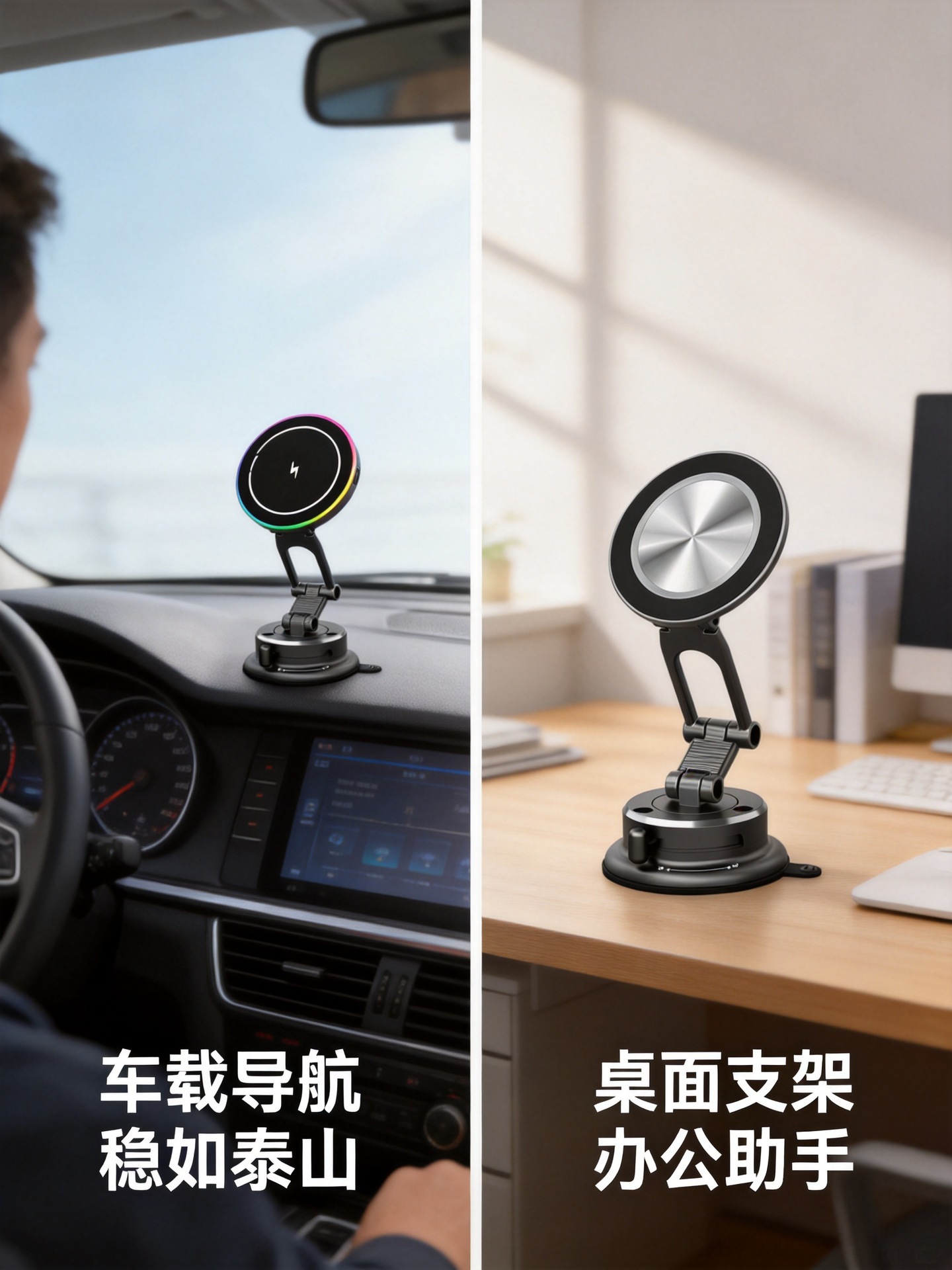 15W wireless charging car magnetic phone holder with vacuum suction, rotating car navigation stand for the center console