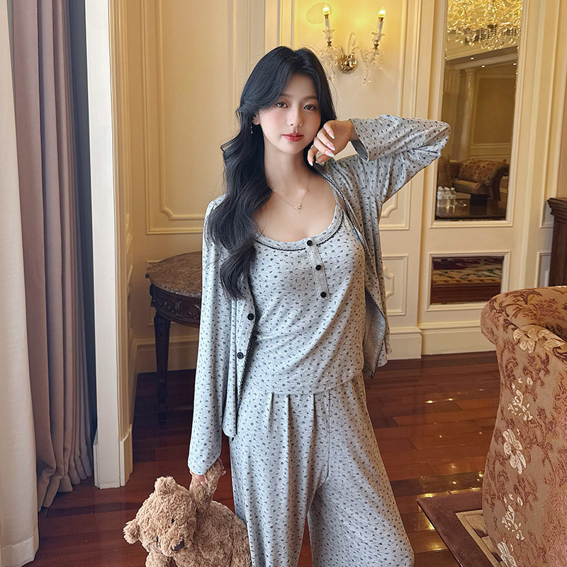 French New Style Pajamas for Women, Autumn Knitted Cotton Cardigan, Three-Piece Suit with Suspenders, Sweet and Cute Home Clothes