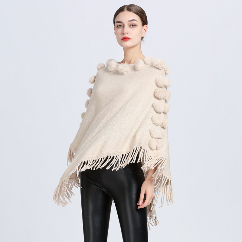Tassel rabbit hair ball cape cape women's round neck pullover sweater_voghion.com