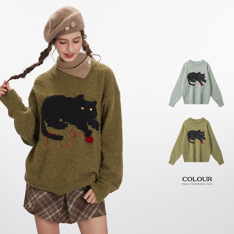 HeyHenry2025 Cat Sweater for Women, Autumn/Winter, Lazy Casual Pullover Knitwear, Jacquard, Loose, Retro Round Neck