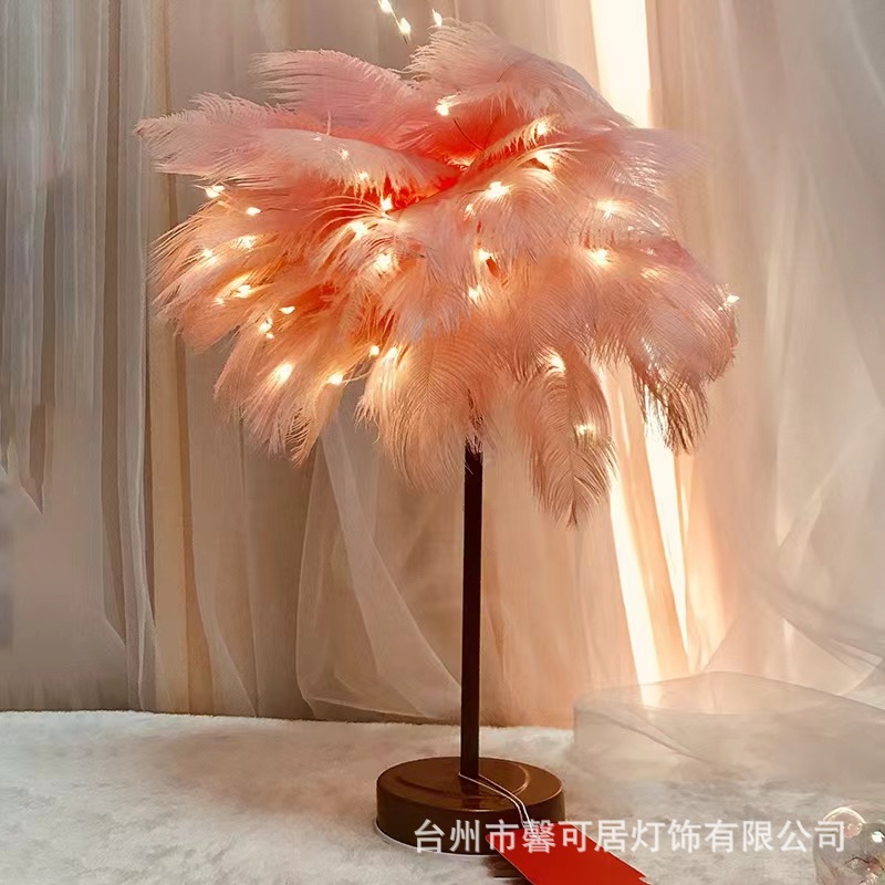 Lámpara de mesa de noche de plumas rojas rosas