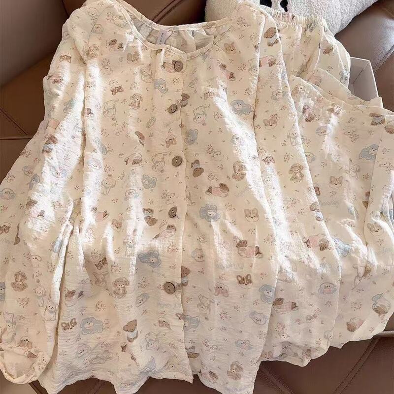 Spring and autumn long-sleeved long-pants pajamas with chest pads for women, lace Korean-style internet celebrity cardigan, spring-style home wear two-piece set for women Spring and autumn long-sleeved long-pants pajamas with chest pads for women, lace Korean-style internet celebrity cardigan, spring-style home wear two-piece set for women