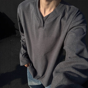 300g Heavy Velvet V-Neck Long Sleeve T-Shirt Men's Fall/Winter cleanfit American Fashion Brand Base Shirt Sweater