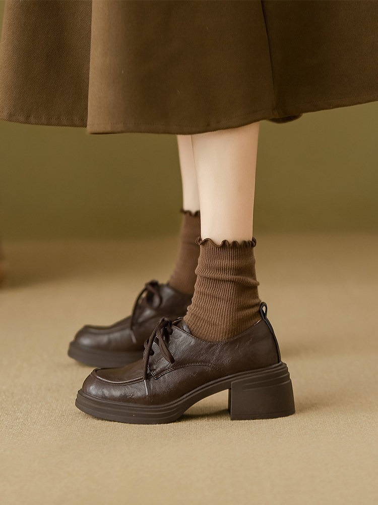 羊皮版~棕色高跟小皮鞋女2025秋冬新款增高单1鞋英伦风厚底小皮鞋