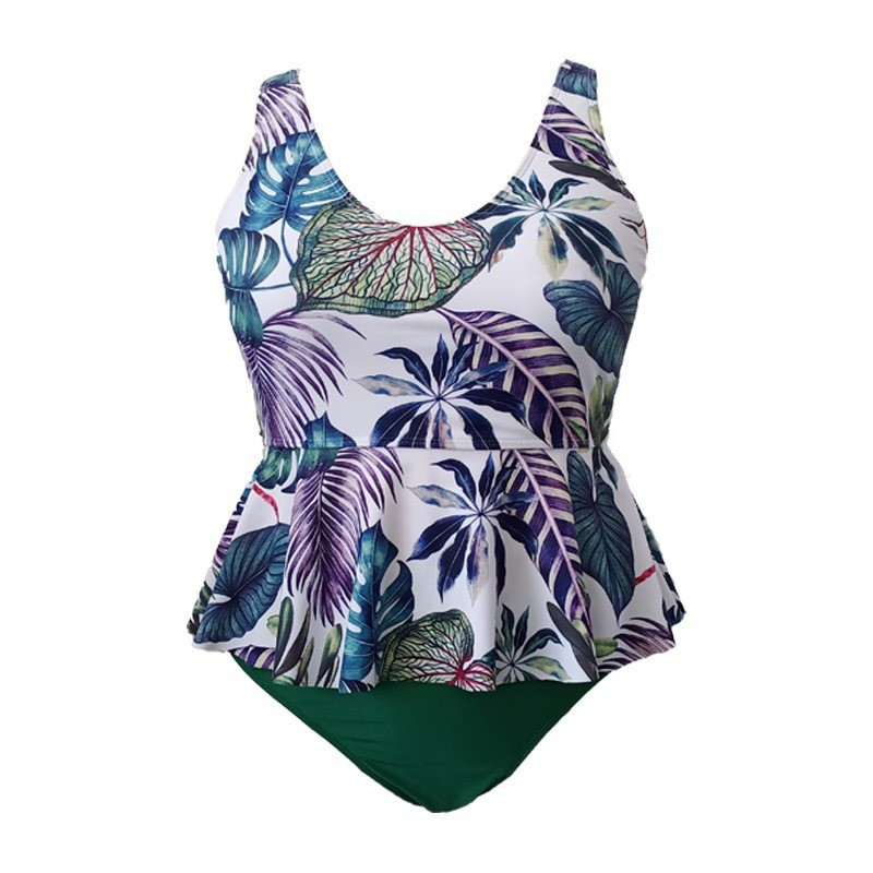 large size leaf print ruffled split two-piece swimsuit  NSJHD122071