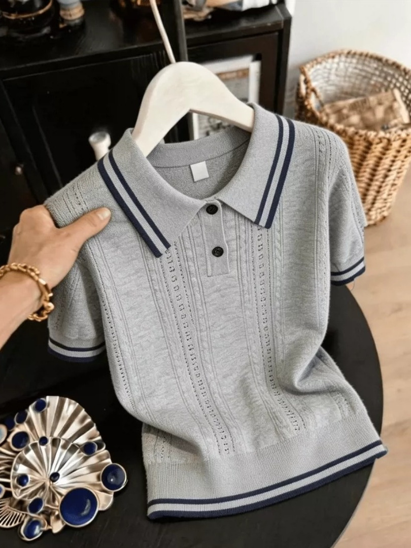 Áo thun nữ cổ polo phối màu tay ngắn phong cách Hàn Quốc — trắng