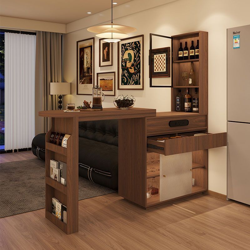American Retro Bar Retractable Bar Table Solid Wood Partition Side Cabinet Home Living Room Small Bar Cabinet Dining Table Integrated