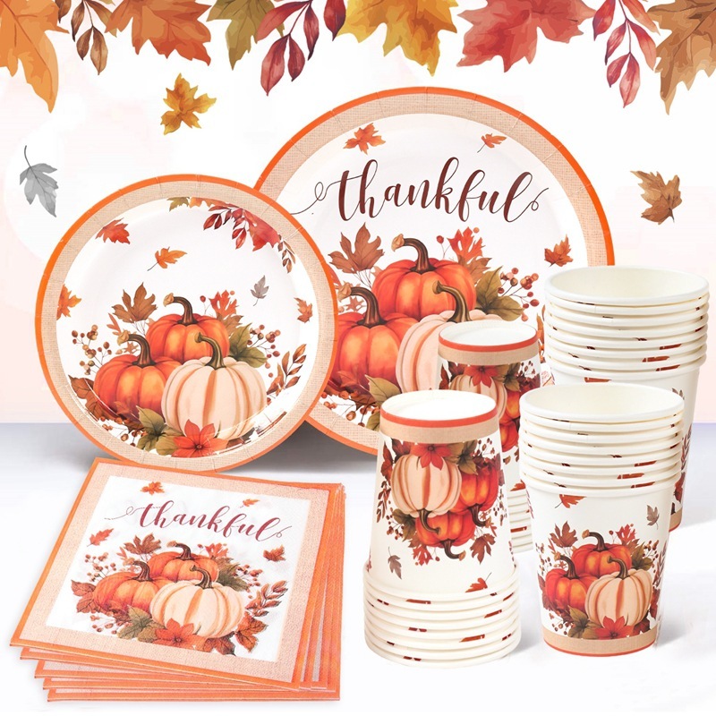 Thanksgiving Themed Tableware Set, Pumpkin Party Disposable Plate Set, Maple Leaf Paper Plates, Paper Napkins, Atmosphere Decoration Thanksgiving Themed Tableware Set, Pumpkin Party Disposable Plate Set, Maple Leaf Paper Plates, Paper Napkins, Atmosphere Decoration