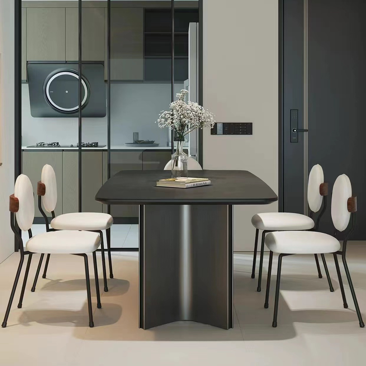 Italiano simple y moderno mesa de comedor de tabla de roca negra combinación rectangular retrógrado pequeño estilo de casa silenciosa mesa de comedor doméstica