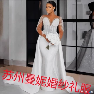 亚马逊新款外贸婚纱礼服 非洲跨境新娘结婚美人鱼珍珠蕾丝婚纱