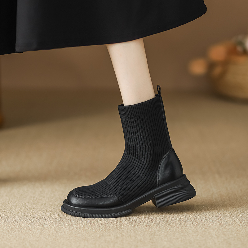 plus size Martin Boots Autumn and Winter New Thick Mid-heel Round Toe Short Boots Women's Knitted Thin Socks Boots Cross-border Stretch Fly-knit Boots