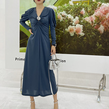 设计师款修身显瘦连衣裙女 春季新款长袖弹力气质V领长款连衣裙