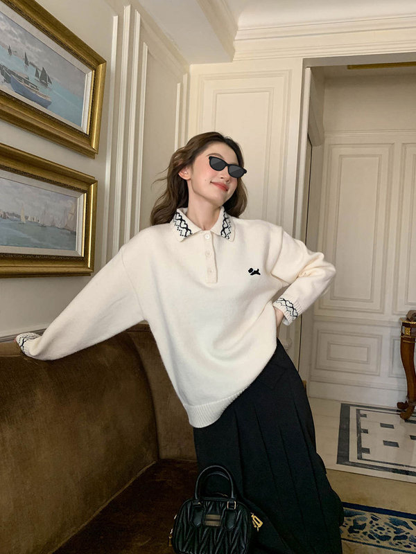 你好卡农 爱心提花小狗刺绣毛衣女春秋2025新款宽松显瘦针织上衣|undefined