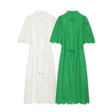 2026夏季欧美风女装时尚休闲宽松刺绣短袖连衣裙镂空翻领纯色中裙