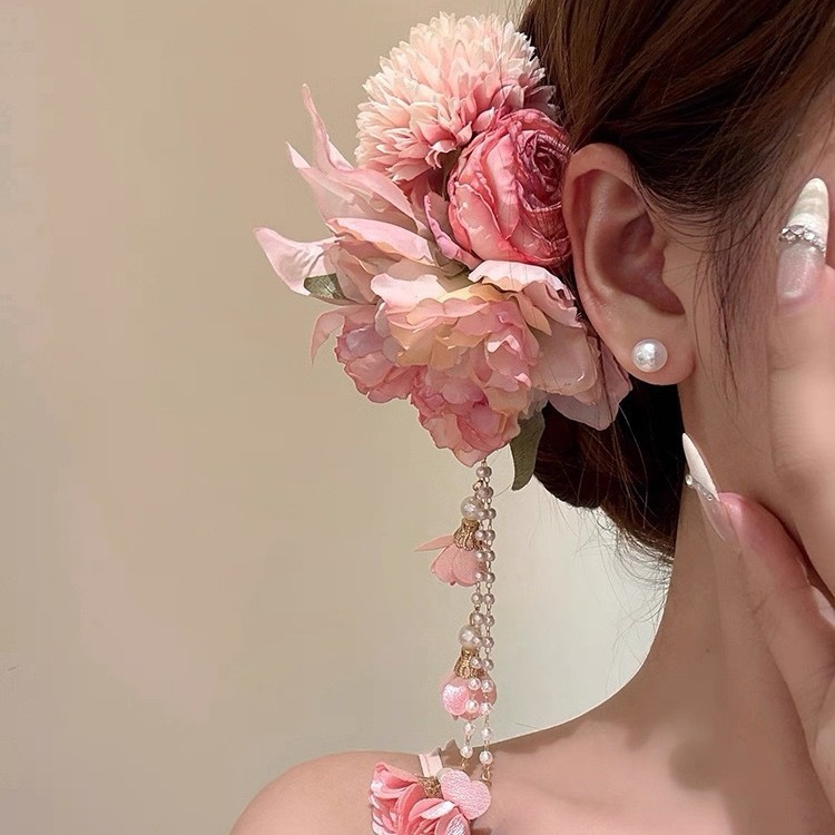 Tenghua Love Super Fairy Pink Tassel Flower Hairpin for Women, Side Clip Hairpin for Qipao, Hair Accessory, Multifunctional Hair Styling Tool