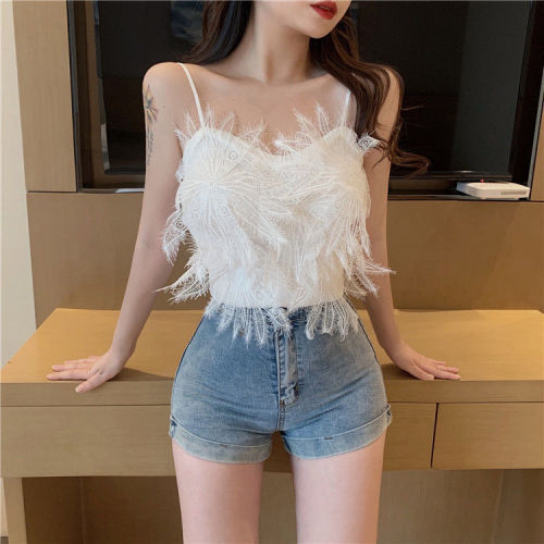 2023 new summer style super fairy design tassel feather short camisole for women to wear outside and inside tops trendy