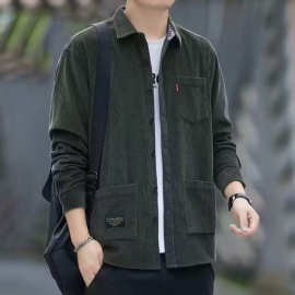 重磅新款纯棉灯芯绒长袖衬衫男士春秋款港风工装全棉衬衣外套大码