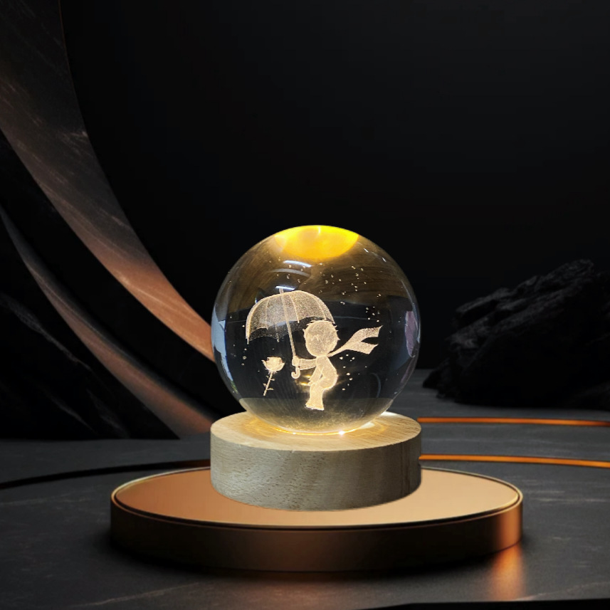 Lámpara de Noche de Cristal con Diseño de Cielo Estrellado 3D, Regalo Navideño, Base Redonda de Madera Luminosa, Lámpara de Mesa, Adorno, Regalo de Navidad