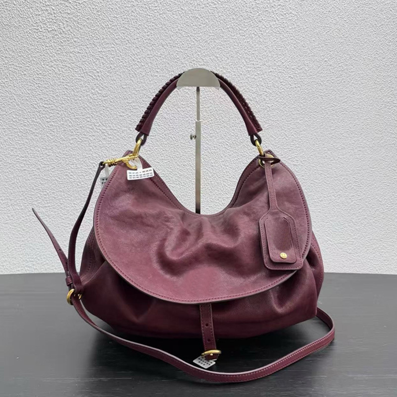 26 new vintage burgundy oil wax leather saddle bag with woven handle and gold buckle, casual style, large capacity, shoulder and crossbody bag 26 new vintage burgundy oil wax leather saddle bag with woven handle and gold buckle, casual style, large capacity, shoulder and crossbody bag