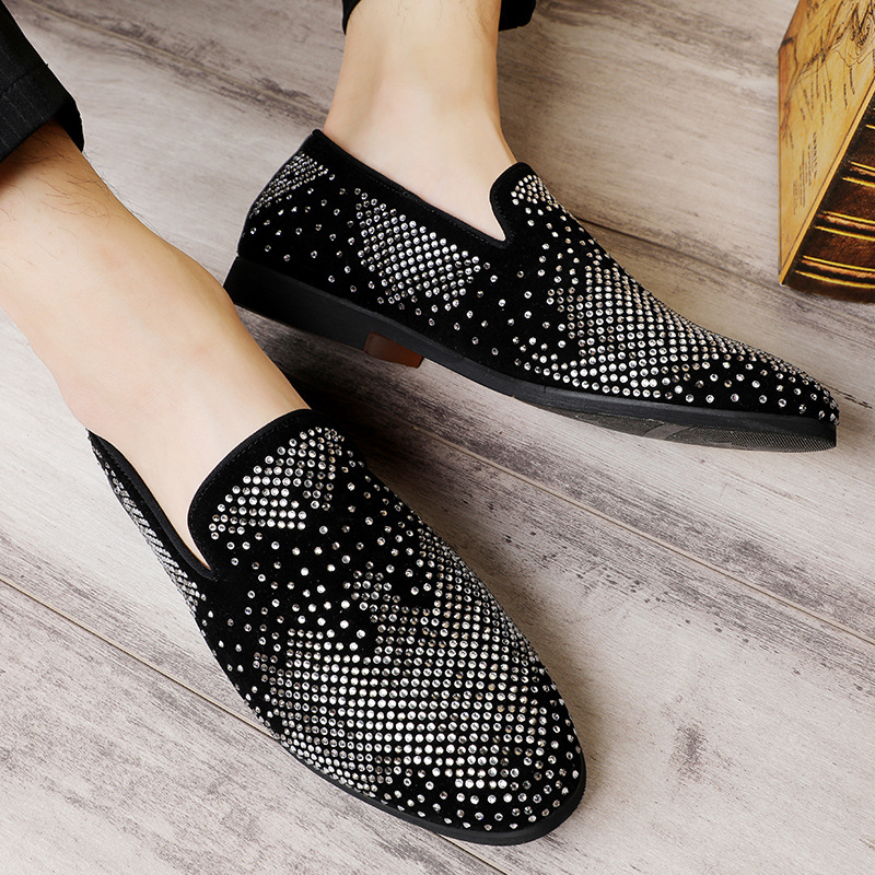 Men's Small Leather Shoes Tide Loafers Rhinestone Pointed Toe Leather Shoes_vogvips.com