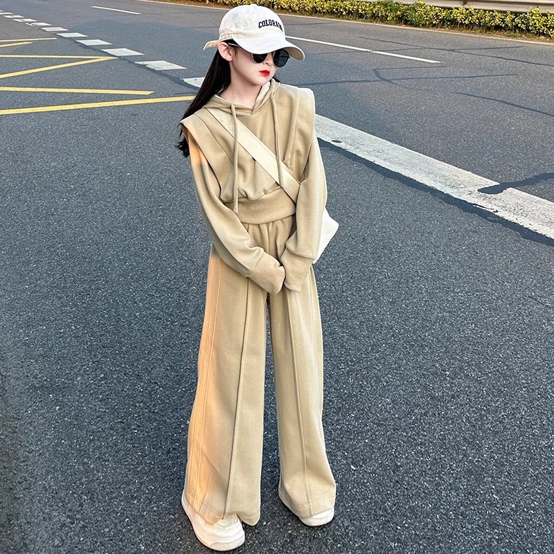 Girls Suit 2025 Spring and Autumn New Casual Hooded Jacket Loose Straight-Leg Pants Medium and Large Children Two-Piece Trendy Set