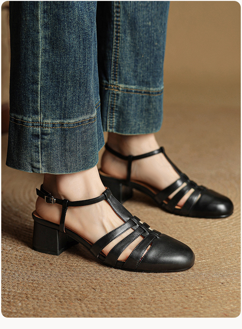 Sandal nữ da bò dệt rỗng mũi hở gót thô cao phong cách La Mã — màu nâu chi tiết 18