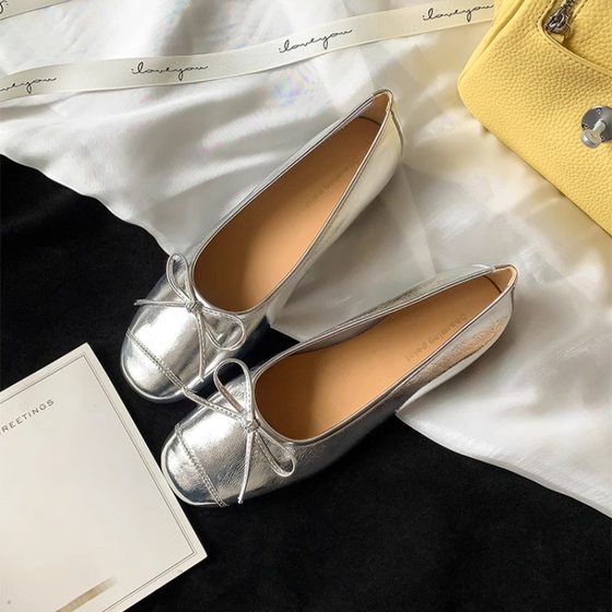 Self-retaining version ~ bow knot yellow single-layer shoes women's flat low-cut late-night shoes soft-soled bean shoes French ballet shoes